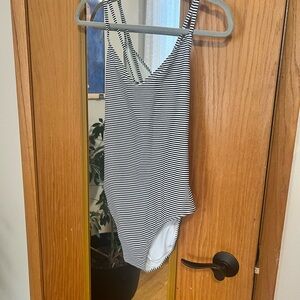 aerie Black and White Striped V-Back One-Piece Swimsuit